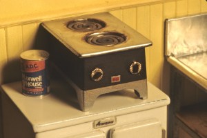 Coffee warmer. Hand-made by Noel, but the convincing detail is that readily-available coffee can to the left.